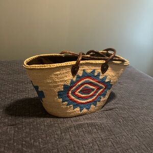 Handcrafted Woven Tote Bag with Blue and Red Accents